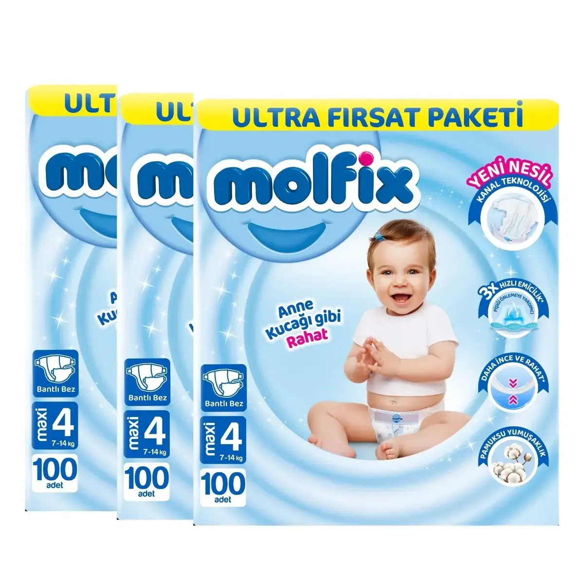 Molfix Bebek Bezi 3D 4 Beden Maxi 7-14 Kg 100lü Ultra Fırsat Paketi x3