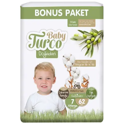 Baby Turco Doğadan Bebek Bezi 7 Beden XXL 62 Adet Bonus Paket 