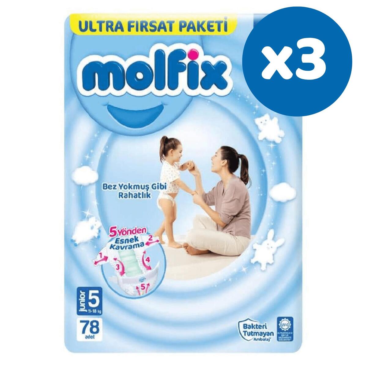 Molfix Bebek Bezi 3D 5 Beden Junior 11-18 Kg 78li Ultra Fırsat Paketi x3