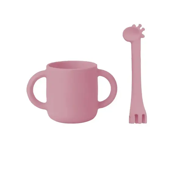 BM Care Mini bardaklı Mama Çatal Kaşık Zürafa Seti Pembe