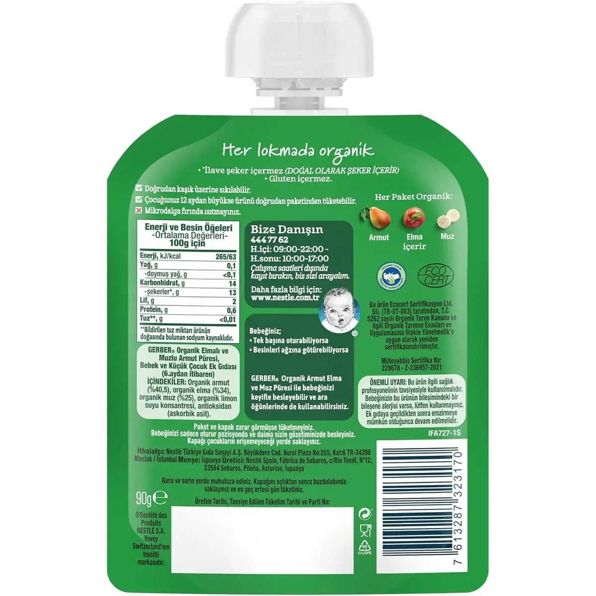 Gerber Organik Armutlu Elmalı Muzlu Meyve Püresi 90 gr