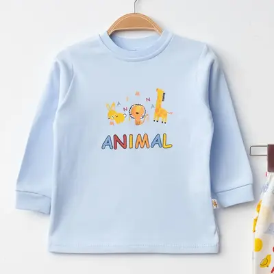 Mini Damla Pijama Takımı Penye Animal Hayvanlar Baskılı Mavi