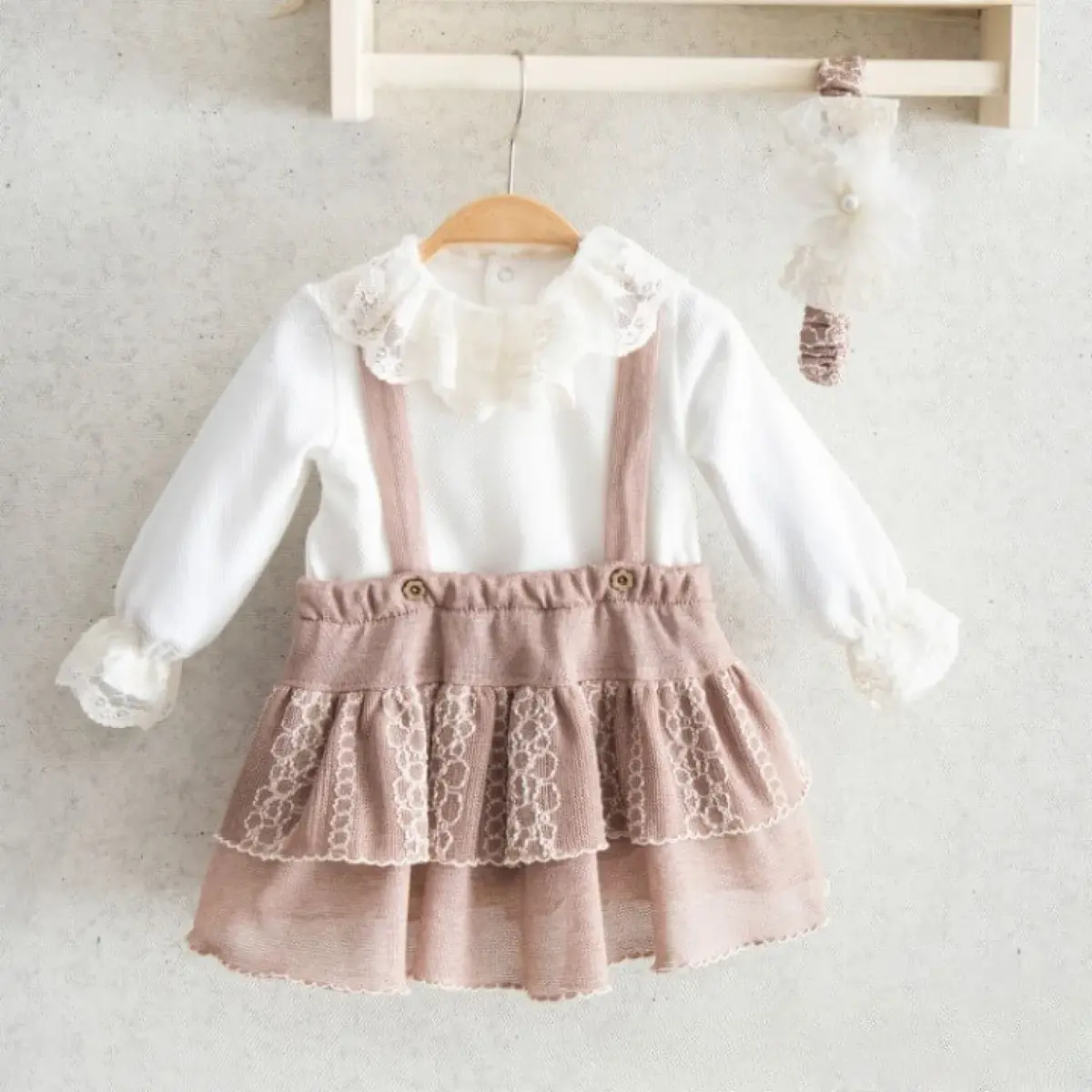 Miomini 3lü Takım Salopet Saç Bantlı Triko Pudra