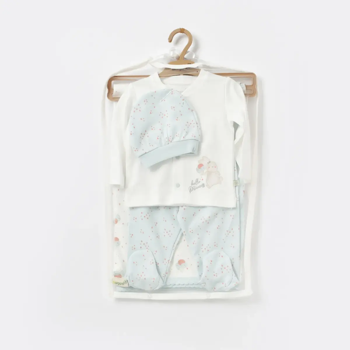 Bibaby Organik Zıbın Takımı Battaniyeli Tüllü Pretty Ears Bunny Mint - Ekru