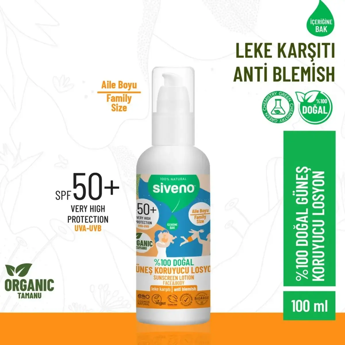 Siveno %100 Doğal Tüm Aile İçin Güneş Losyonu 50 SPF 100ml