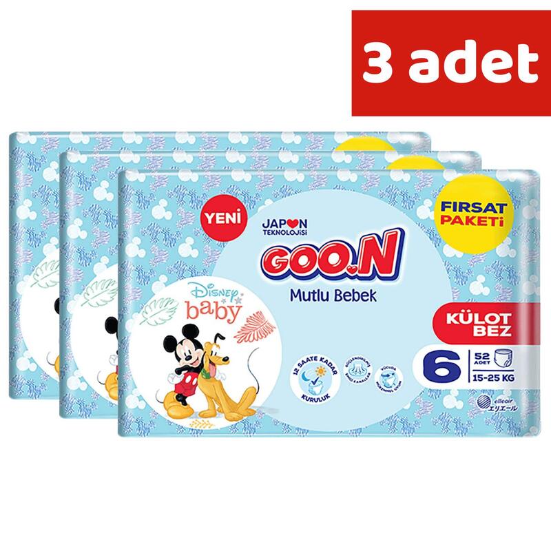 Goon Mutlu Bebek Külot Bebek Bezi 6 Beden 15-25 Kg 52li Aylık Fırsat Paket x3