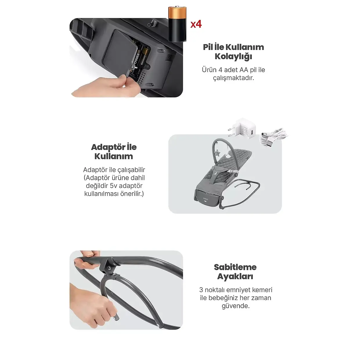 Kanz Robin Elektrikli Pilli Ana Kucağı Cool Grey