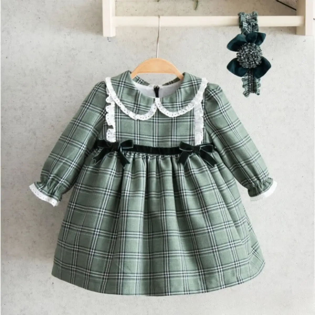 Miomini Elbise Saç Bantlı Fisto Yakalı Simli Ekose Yeşil