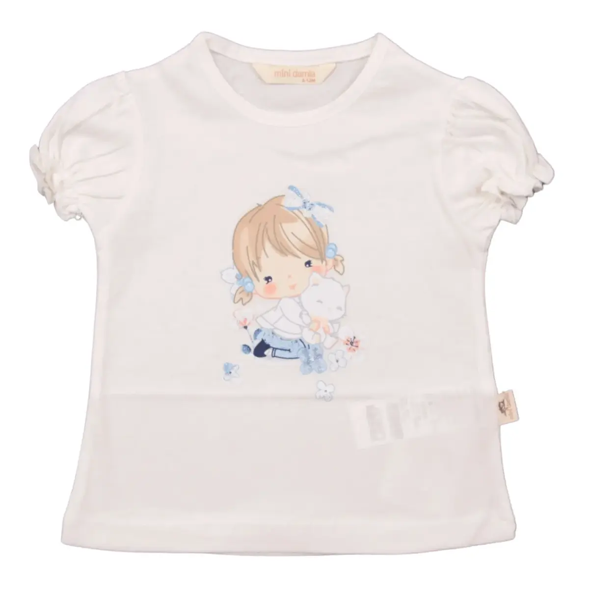 Mini Damla T-Shirt Kedili Kız Ekru