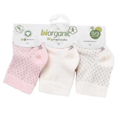 Bibaby Organik Çorap Soket 3lü Puanlı Pembe - Ekru