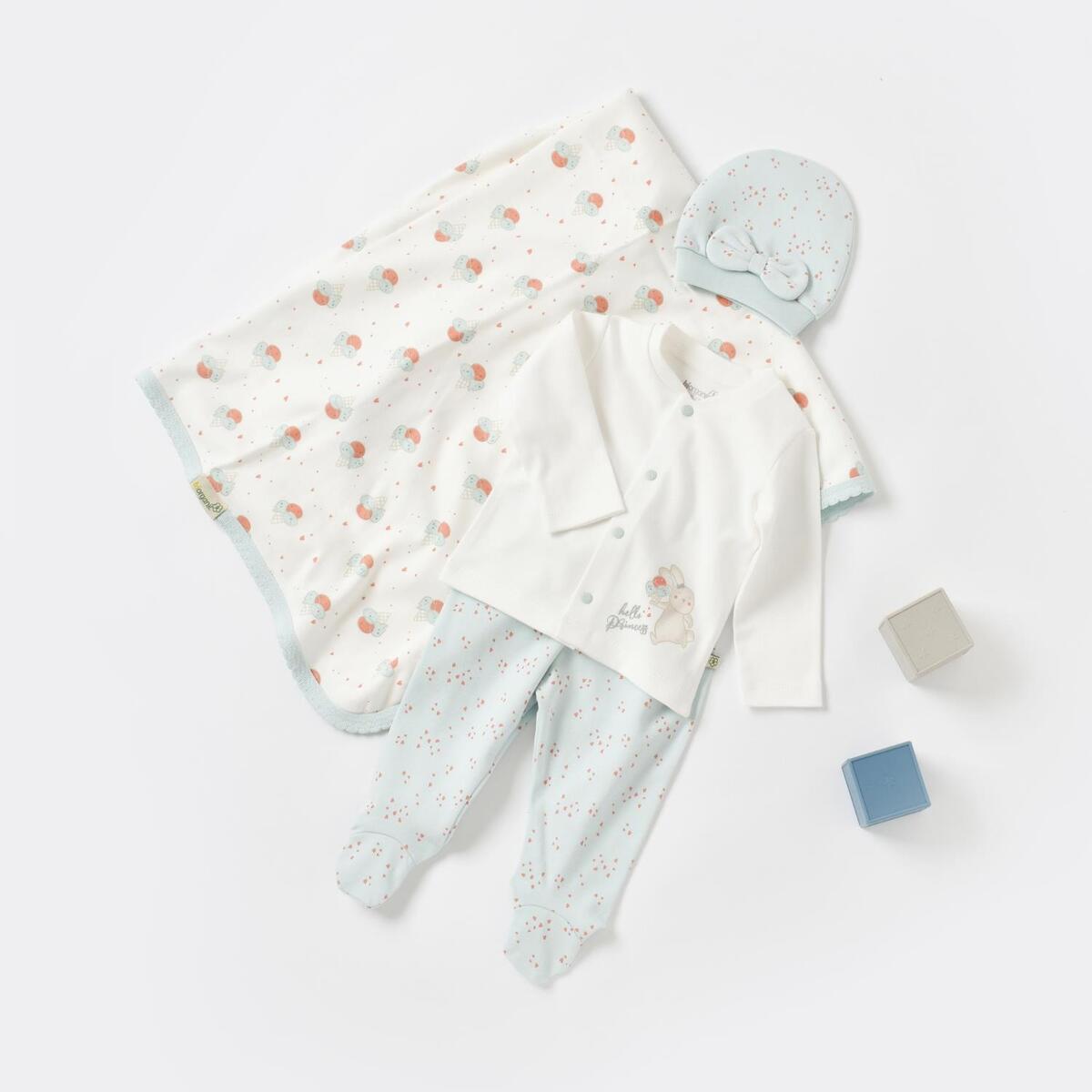 Bibaby Organik Zıbın Takımı Battaniyeli Tüllü Pretty Ears Bunny Mint - Ekru