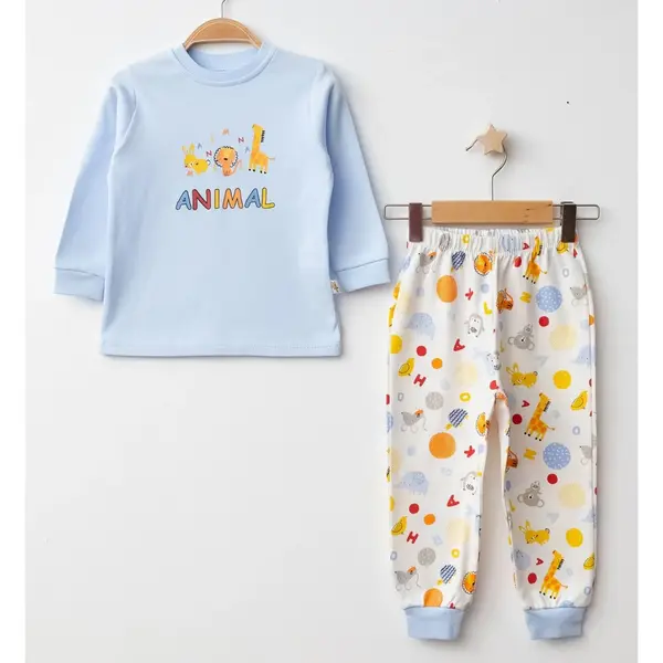 Mini Damla Pijama Takımı Penye Animal Hayvanlar Baskılı Mavi