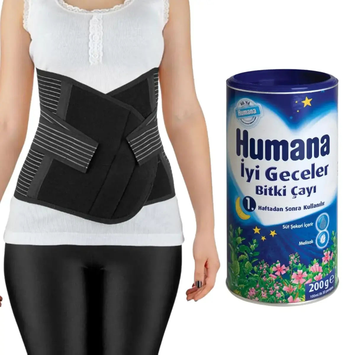 Babyjem Doğum Sonrası Balenli Toparlayıcı Korse Siyah + Humana İyi Geceler Çayı 200 gr
