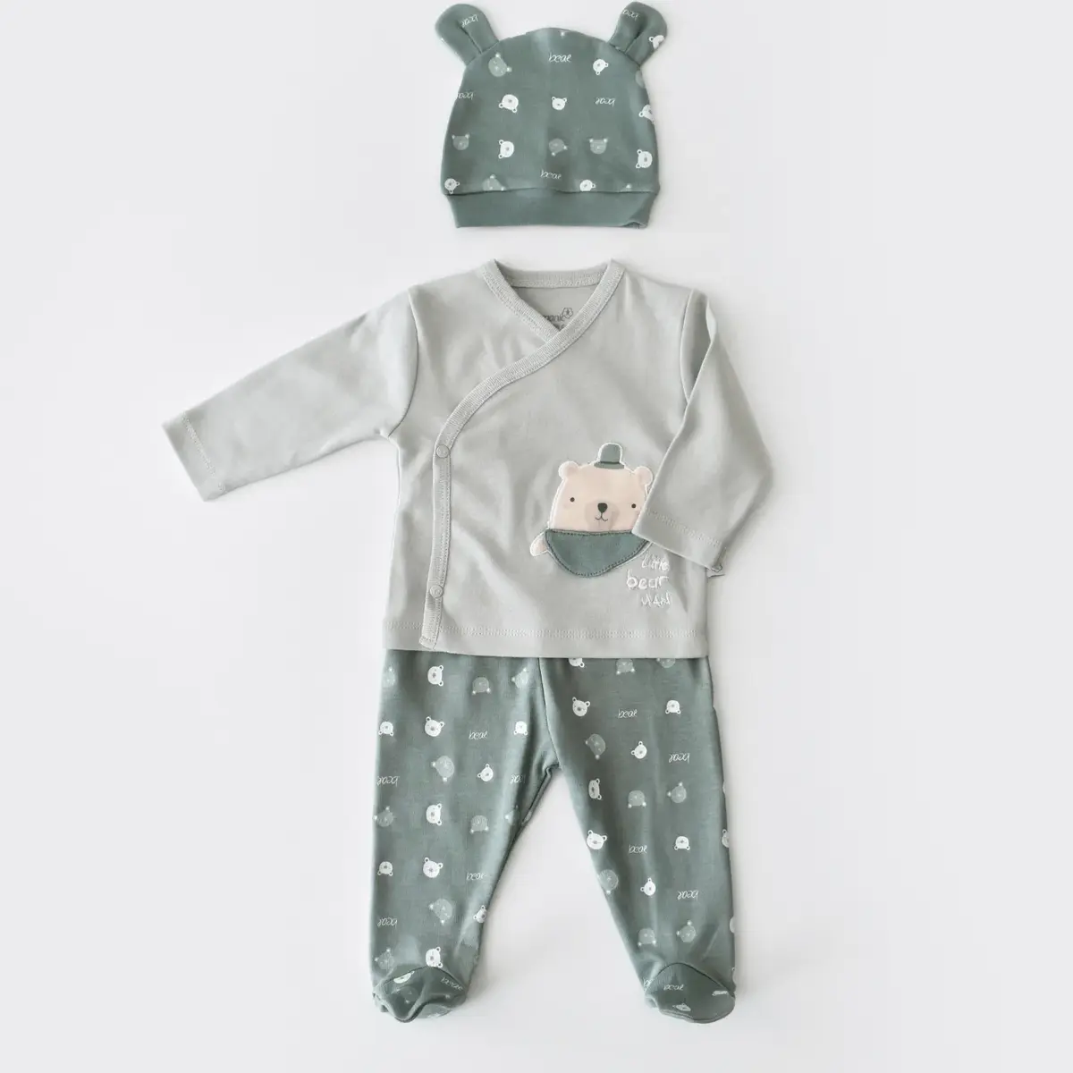 Bibaby Organik Zıbın Takımı 3lü Hug Me Bear Yeşil Bibaby Organik Zıbın Takımı 3lü Hug Me Bear Yeşil