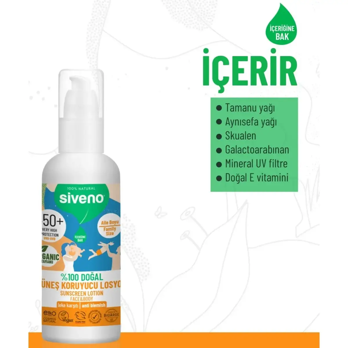 Siveno %100 Doğal Tüm Aile İçin Güneş Losyonu 50 SPF 100ml