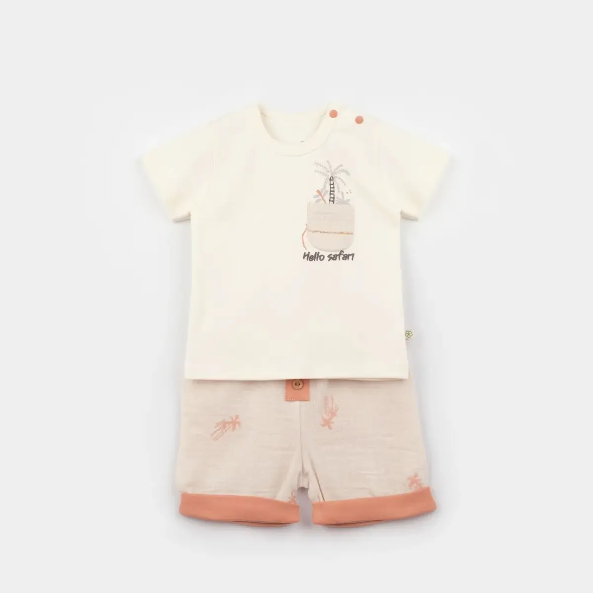 Bibaby Organik 2li Takım Şortlu Hello Safari Ekru - Kiremit