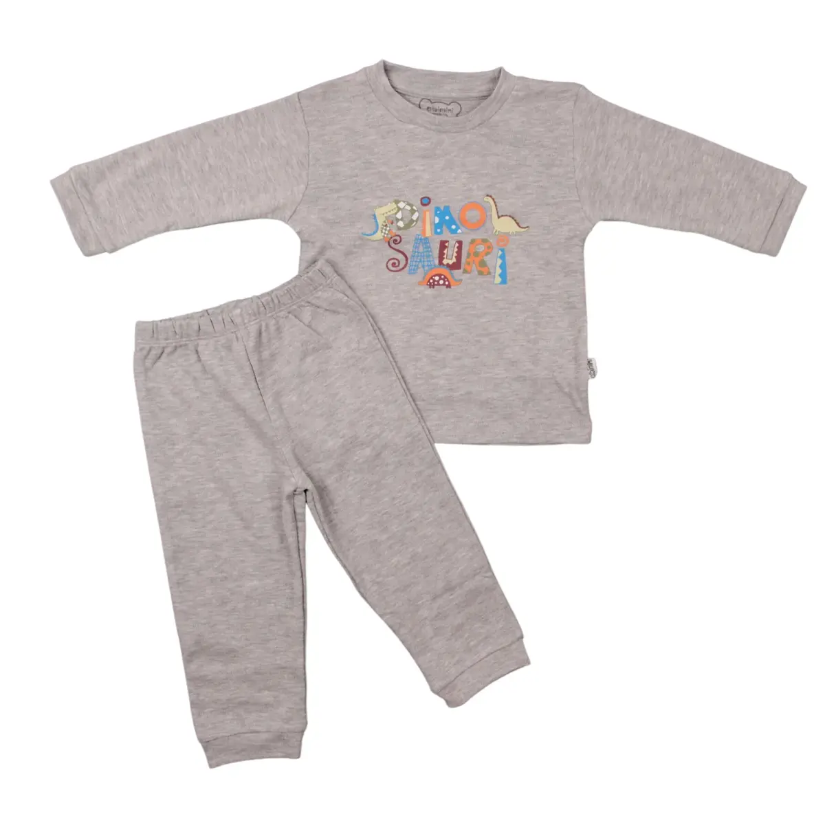 Mini Damla Pijama Takımı Dinazorlu Gri Melanj