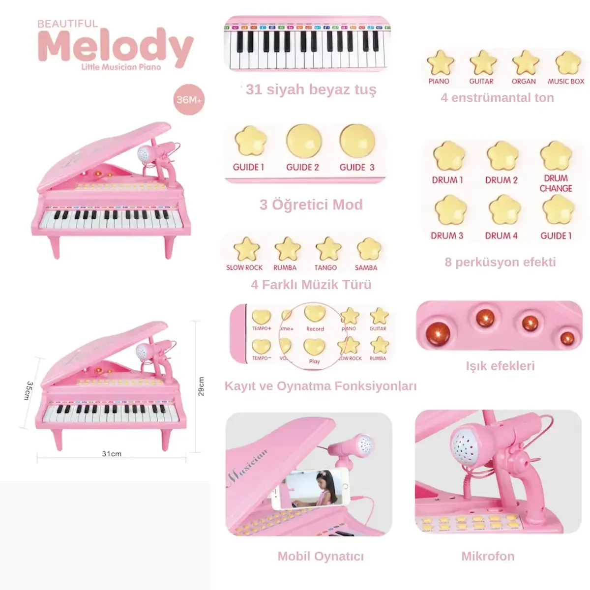 Vardem Mikrofonlu 31 Tuşlu Mp3 Çalar Piyano