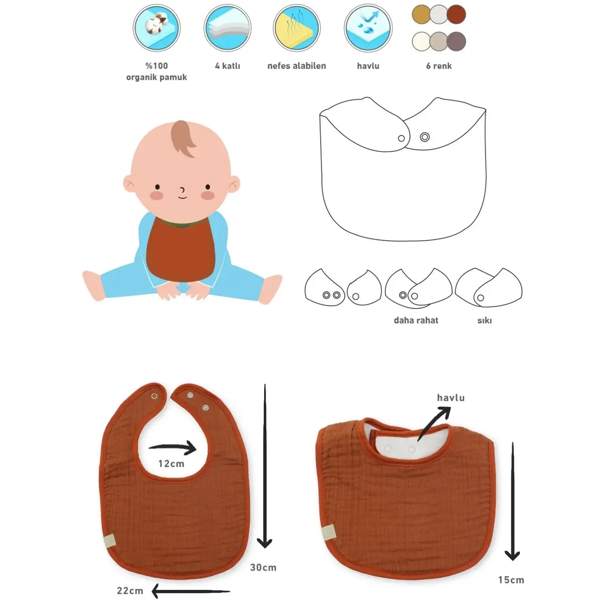 Bibaby Organik Fular Önlük Müslin 3lü Bistyle Kiremit - Bej - Hardal