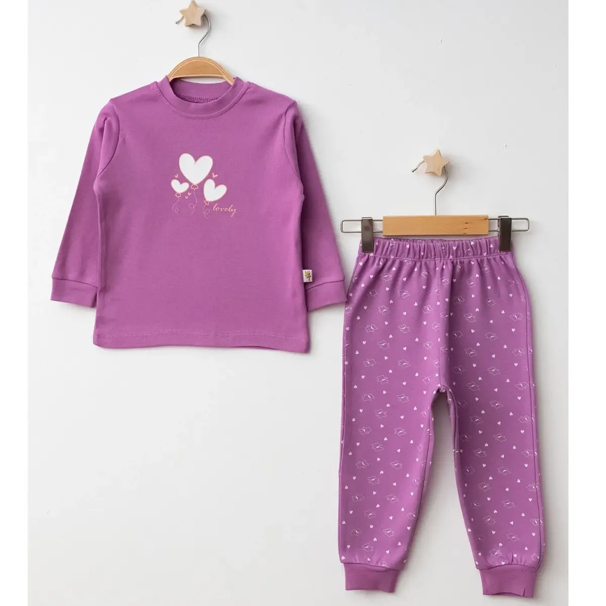 Mini Damla Pijama Takımı Penye Kalpli Ayıcık Emprime Mor