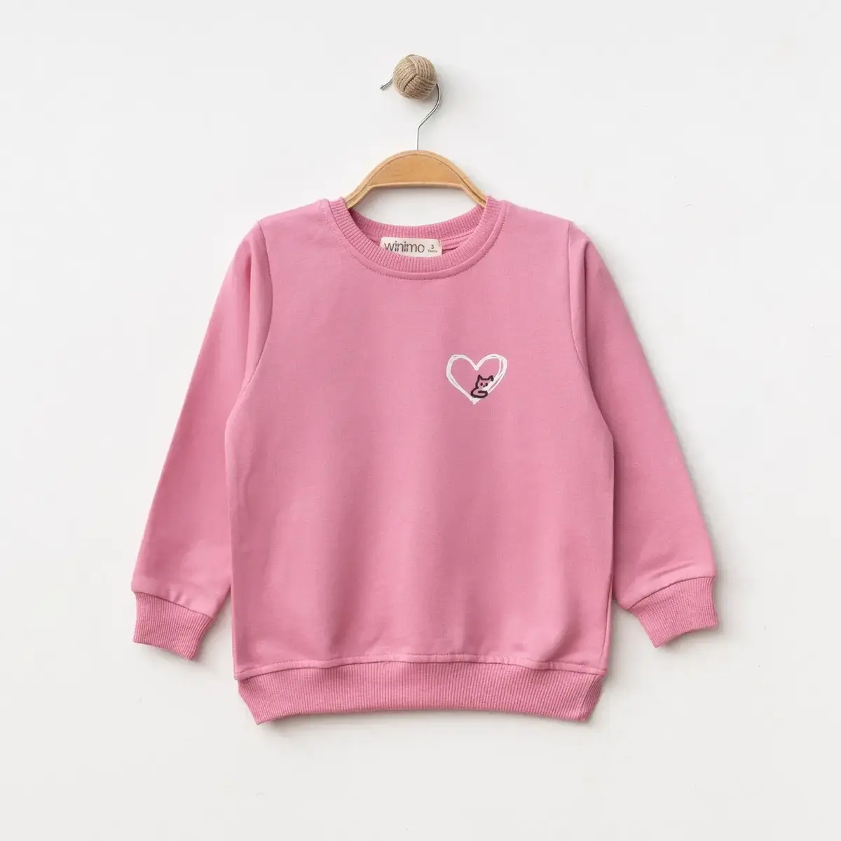 Winimo Sweatshirt Kalpli Kedi Baskılı Pembe