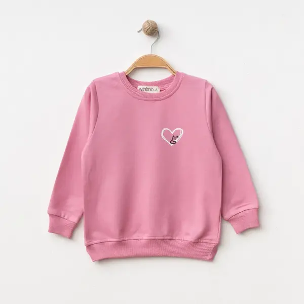 Winimo Sweatshirt Kalpli Kedi Baskılı Pembe