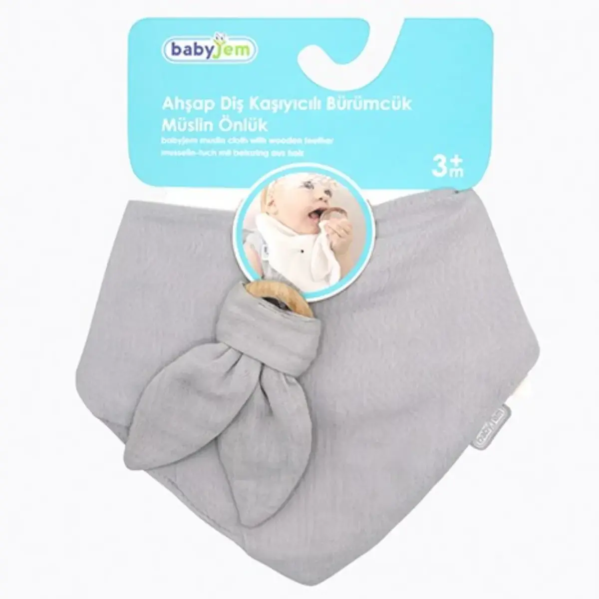 Babyjem Ahşap Diş Kaşıyıcılı Bürümcük Müslin Önlük Gri