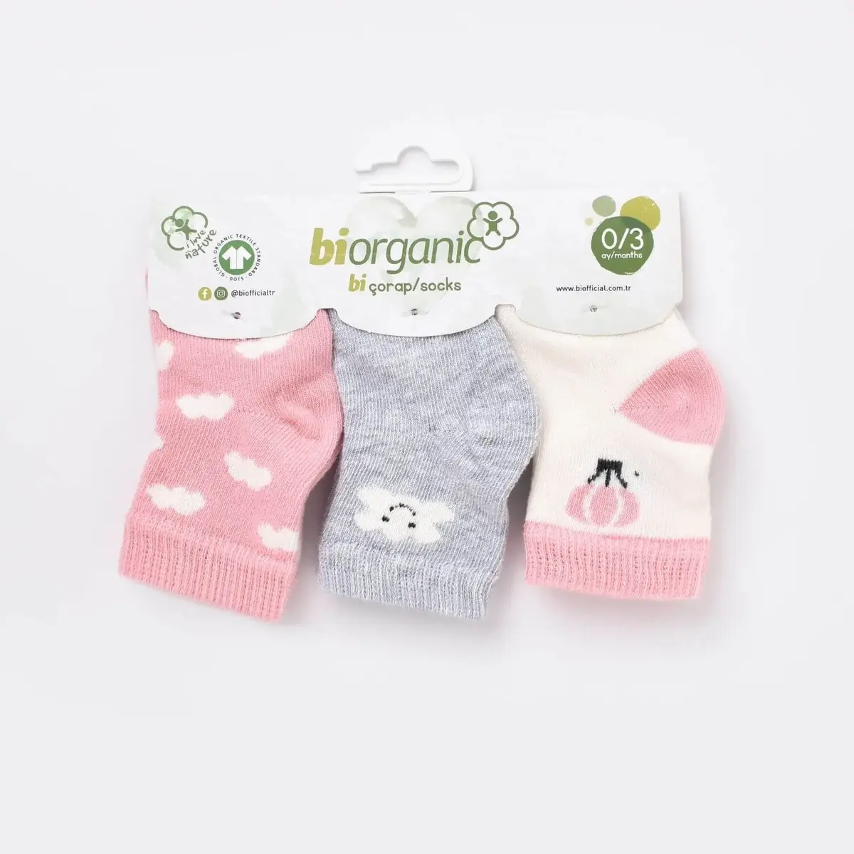 Bibaby Organik Çorap Soket 3lü Cloudy Pembe