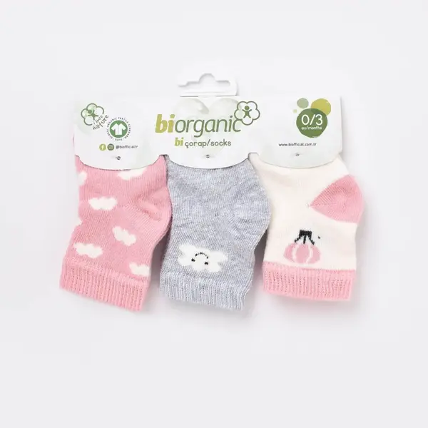 Bibaby Organik Çorap Soket 3lü Cloudy Pembe