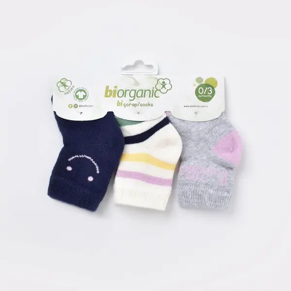 Bibaby Organik Çorap Soket 3lü Smile Lacivert
