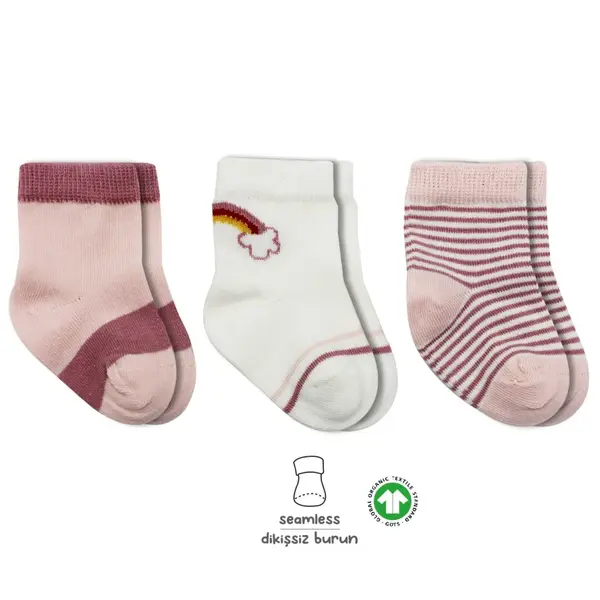 Bibaby Çorap Soket 3lü Penye Rainbow Bistyle Pudra