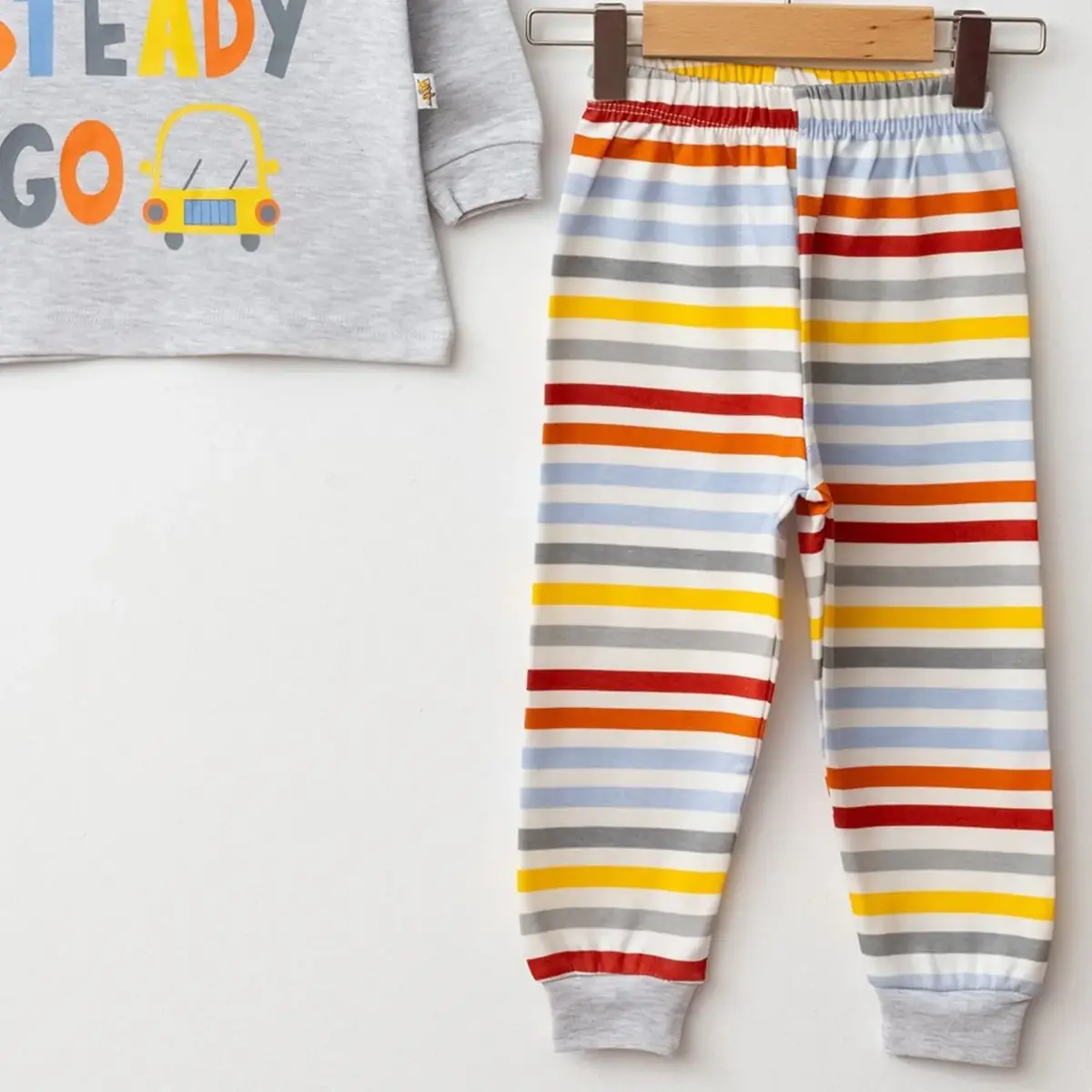 Mini Damla Pijama Takımı Penye Çizgili Gri Melanj
