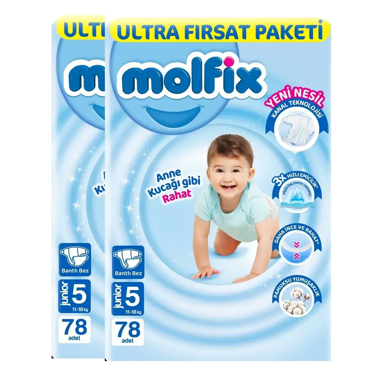Molfix Bebek Bezi 3D 5 Beden Junior 11-18 Kg 78li Ultra Fırsat Paketi x2