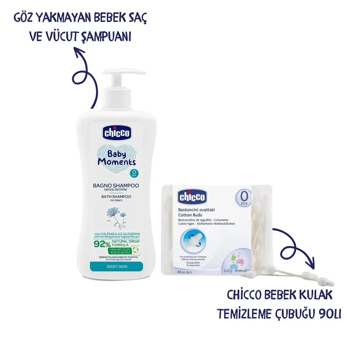 Chicco Baby Moments Bebek Şampuan + Kulak Tmizleme Çubuğu 90Lı (Avantaj Paketi)