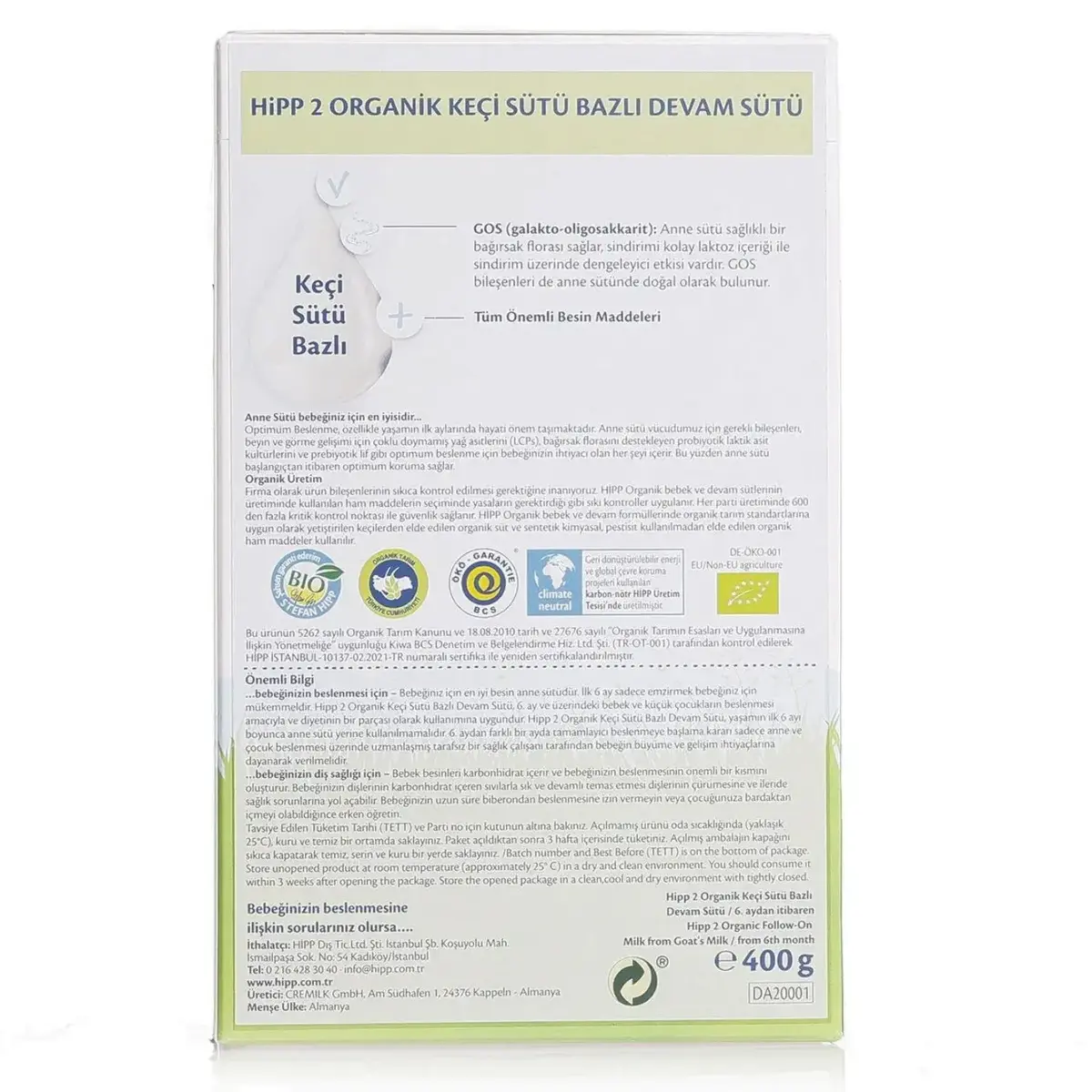 Hipp 2 Organik Keçi Sütü Bazlı Devam Sütü 400 gr