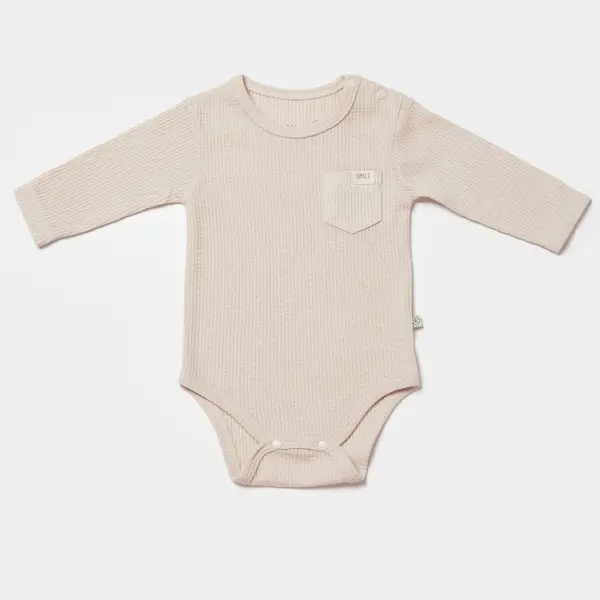 Bibaby Organik Body Uzun Kol Waffle Smile Bej