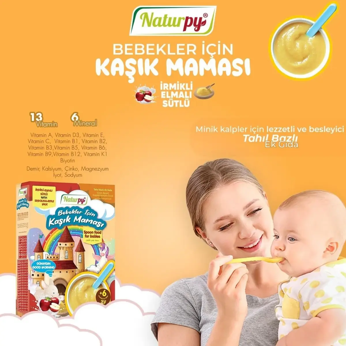 Naturpy 6 Tahıllı Sütlü İrmik ve Elmalı Kaşık Maması 200 gr
