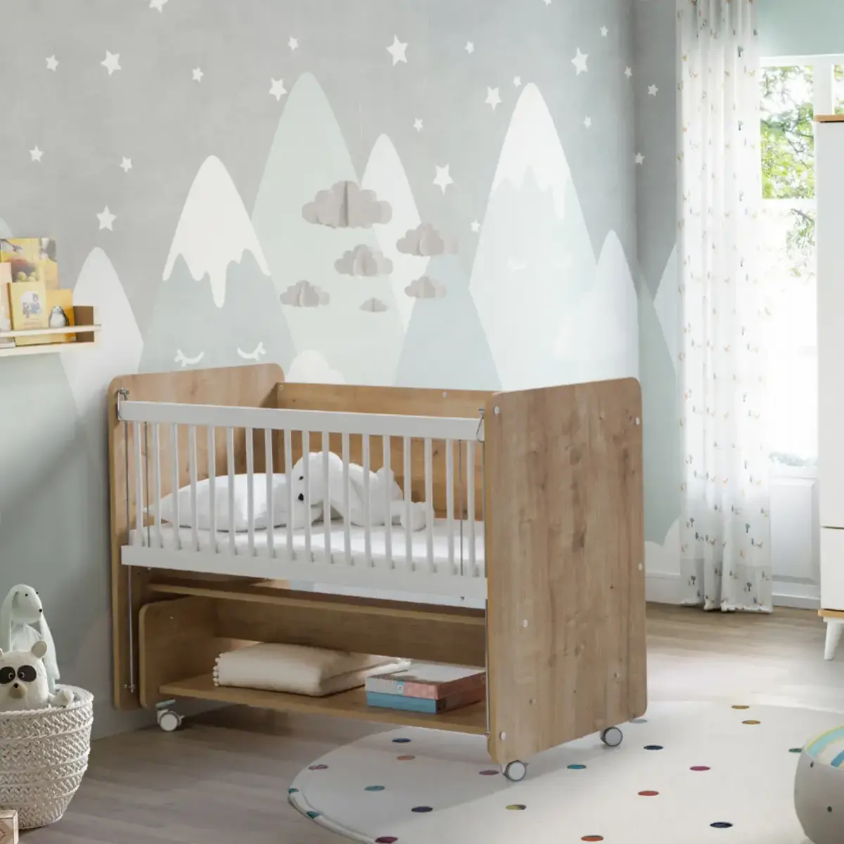 Pratik Sallanır Tekerlekli Anne Yanı Beşik 60X120 Ahşap