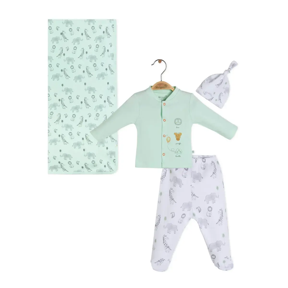 Bibaby Organik Zıbın Takımı Battaniyeli Tüllü Travel Zoo Yeşil - Gri