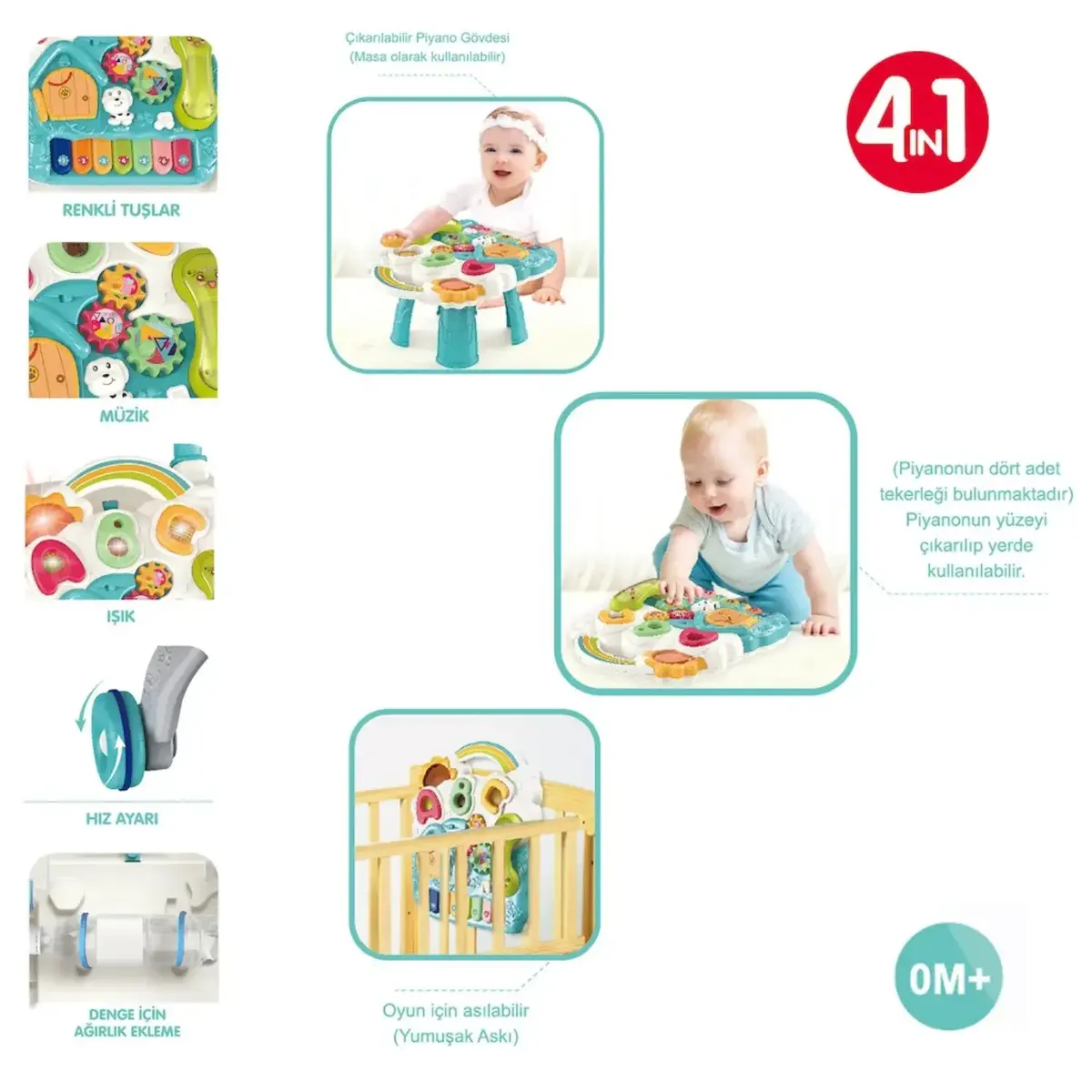 Vardem Piyanolu 4in1 Turkuaz Bebek Yürüteci Turkuaz