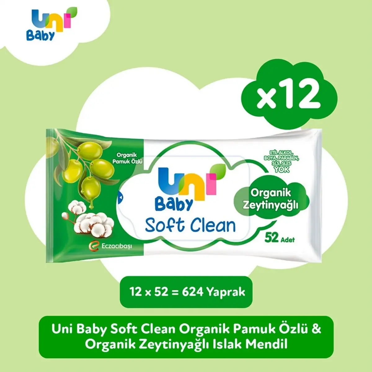 Uni Baby Soft Clean Organik Pamuk Özlü ve Organik Zeytinyağlı 12x52li