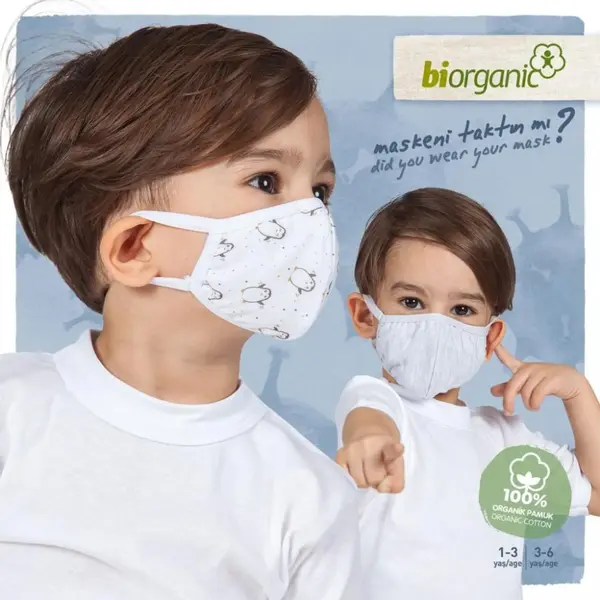 Bibaby Organik Maske 2li Penguen Beyaz - Kar Melanj