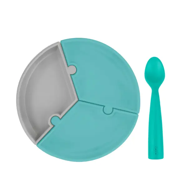 Oioi Puzzle Vakumlu Mama Tabağı+Nam Nam Mama Kaşığı Aqua Green-Powder Grey