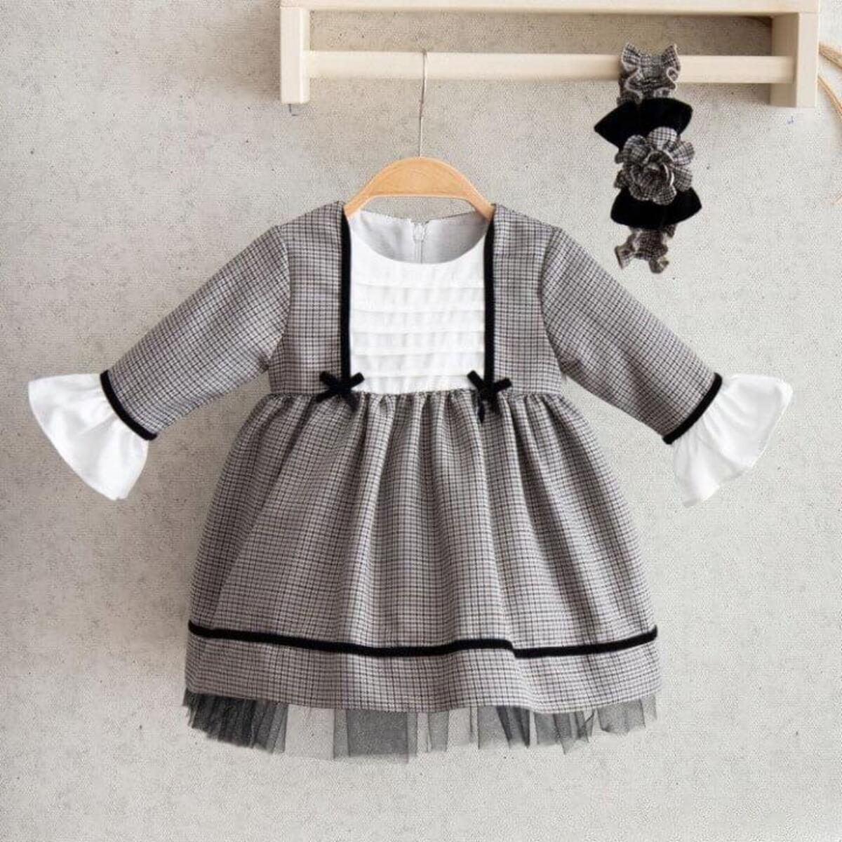 Miomini Elbise Saç Bantlı Simli Kazayağı Robası Nervüllü Gri