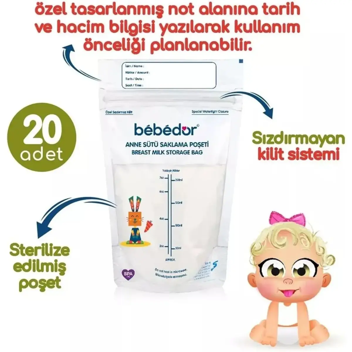 Bebedor Anne Sütü Saklama Poşeti 20li