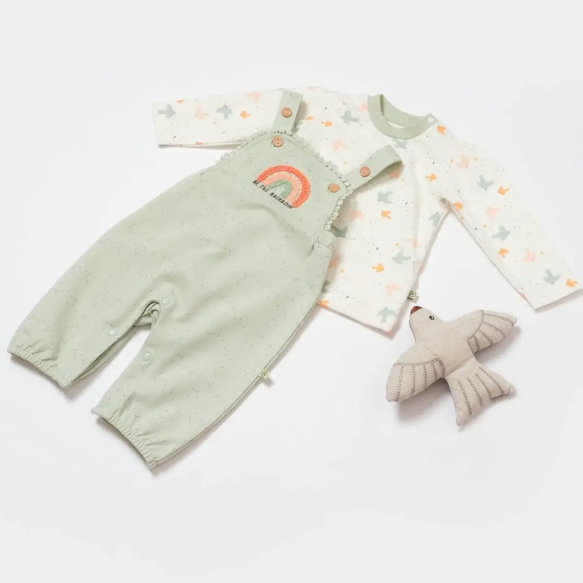 Bibaby Organik Salopet Tulum Tiny Birds Ekru - Yeşil