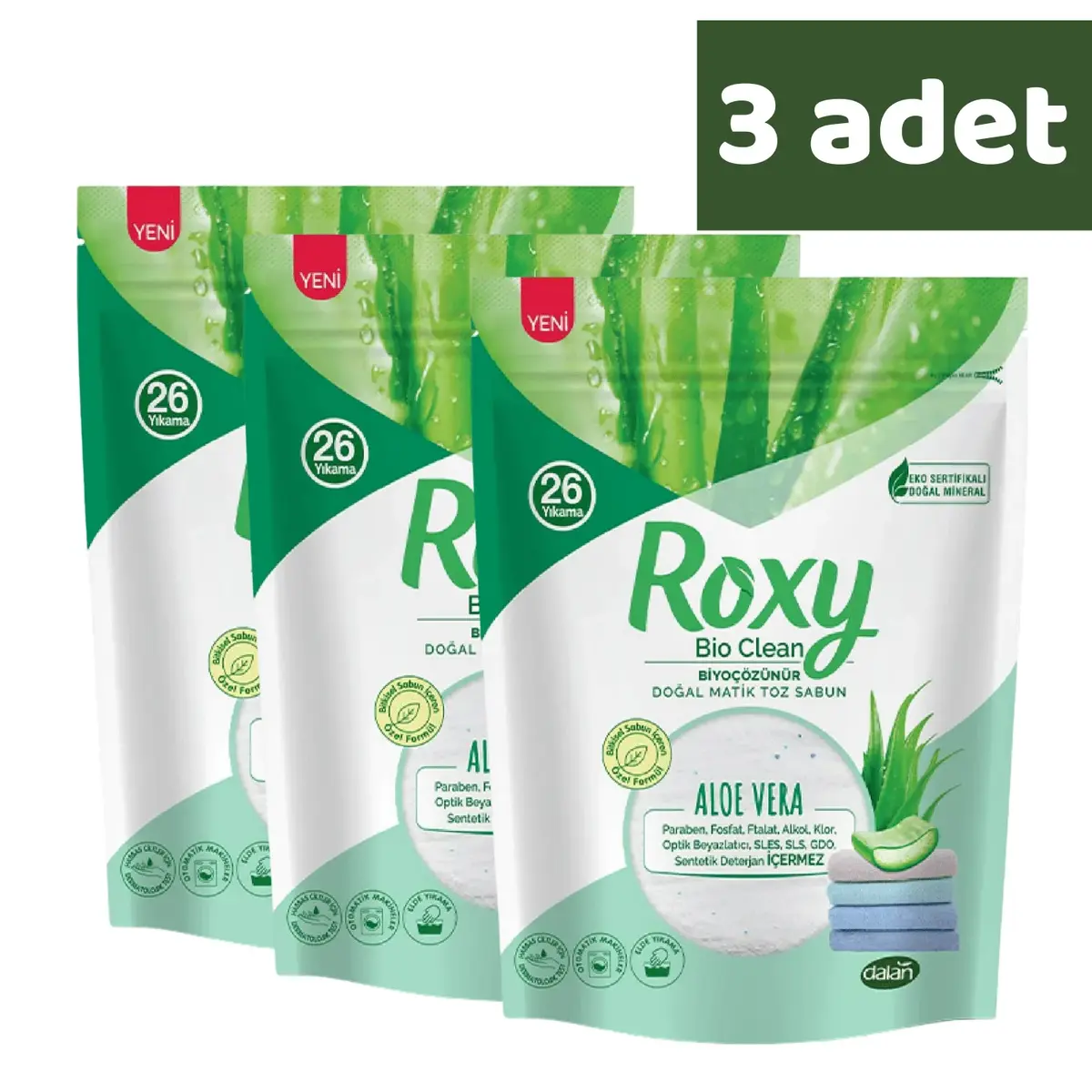 Dalan Roxy Bio Clean Matik Toz Sabun Aloe Vera 800 gr x 3 Adet Dalan Roxy Bio Clean Matik Toz Sabun Aloe Vera 800 gr x 3 Adet