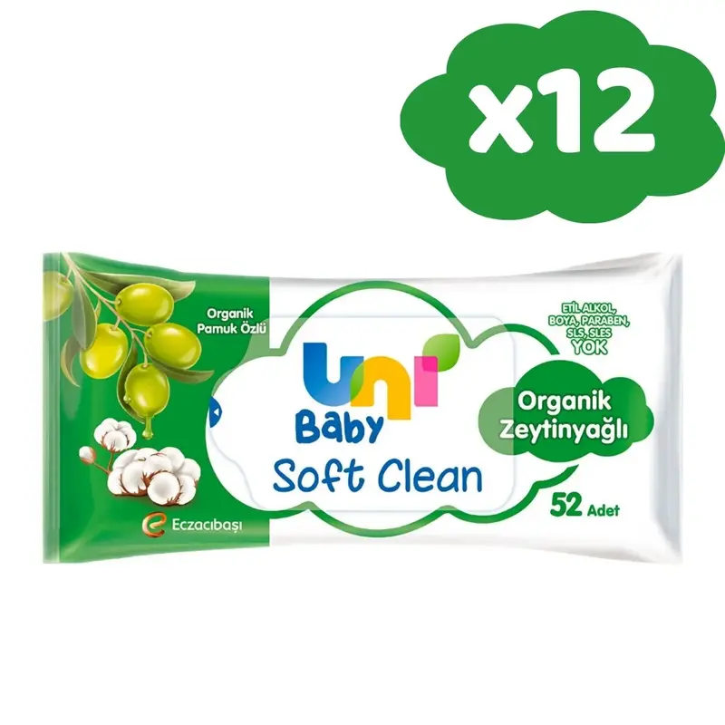 Uni Baby Soft Clean Organik Pamuk Özlü ve Organik Zeytinyağlı 12x52li