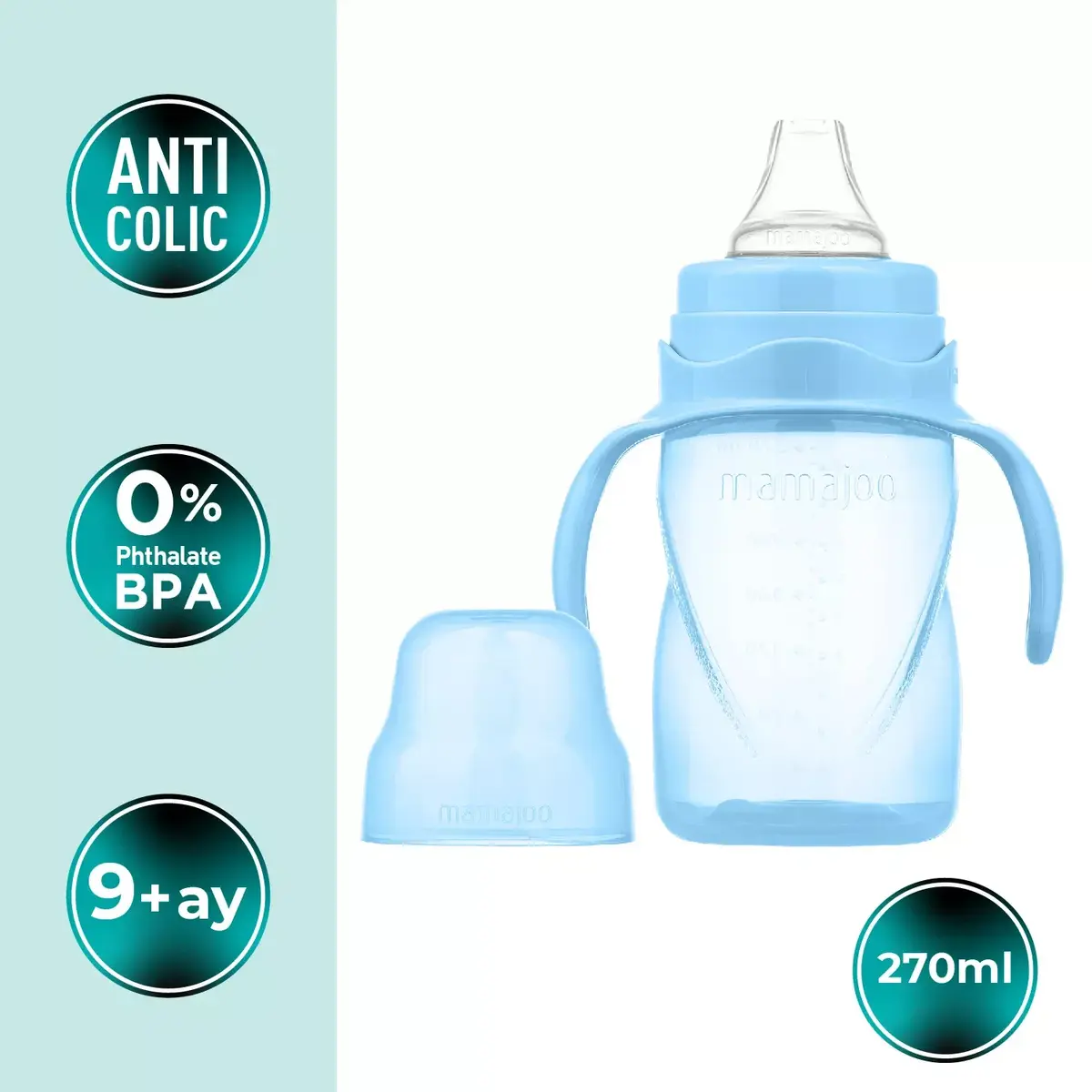 Mamajoo Kulplu Akıtmaz Eğitici Bardak 270 ml&Anti-Kolik Uç Powder Blue