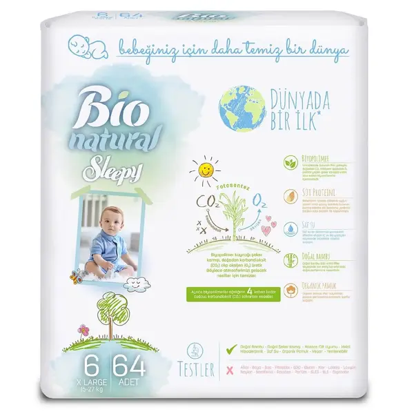 Sleepy Bebek Bezi Bio Natural 6 Beden Maxi 15-25 Kg 64lü